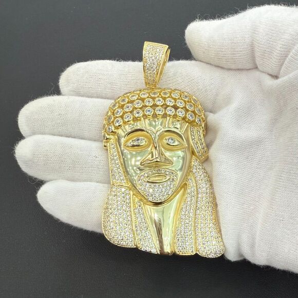 3.3" Large Jesus Head Face Pendant Gold Plated 925 Sterling Silver Mens CZ Charm - Picture 1 of 2